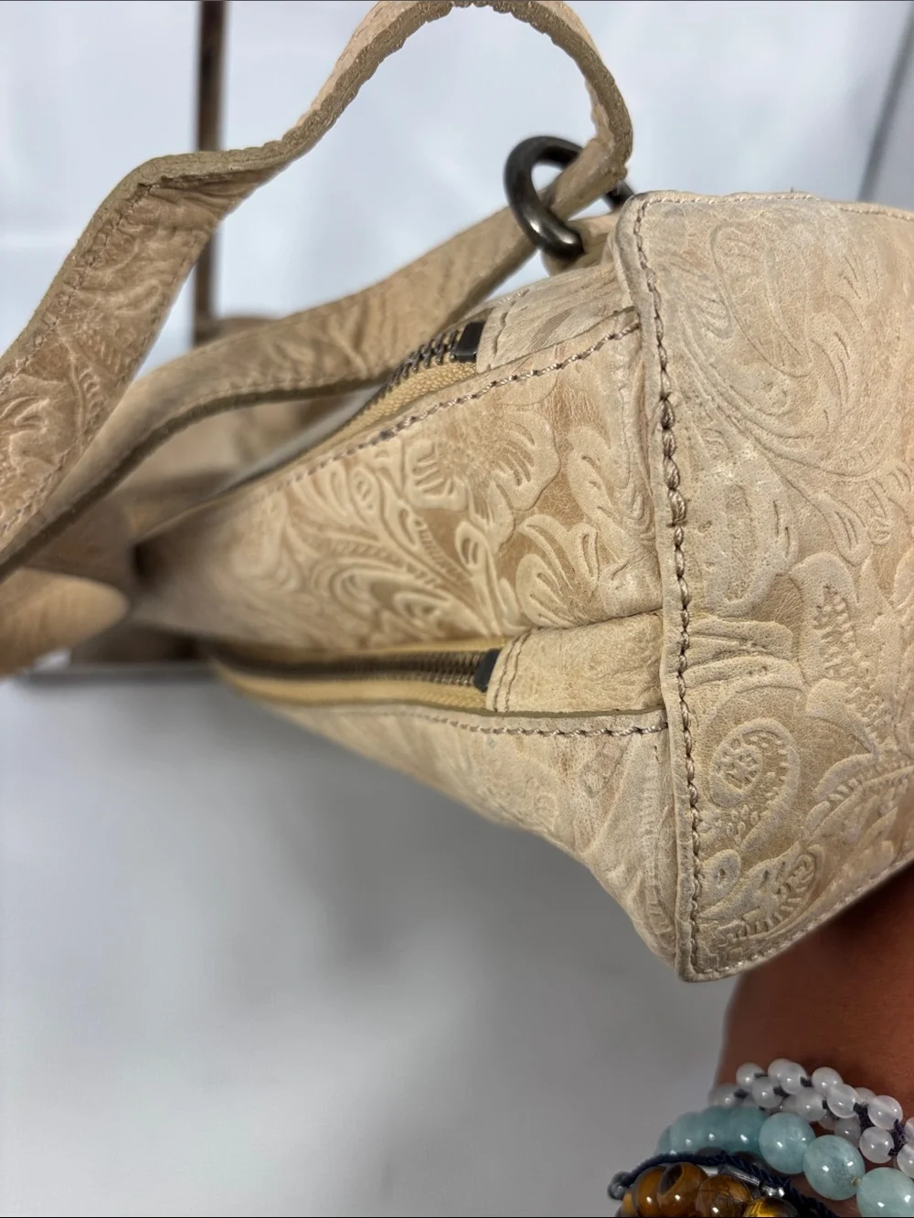 Wild West Beige Floral Embossed Leather Backpack